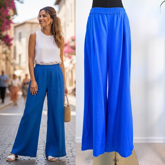 Zara Other - ZARA Linen Blend Wide Leg Palazzo Pants, Size Large, Royal Blue, Elastic Waist